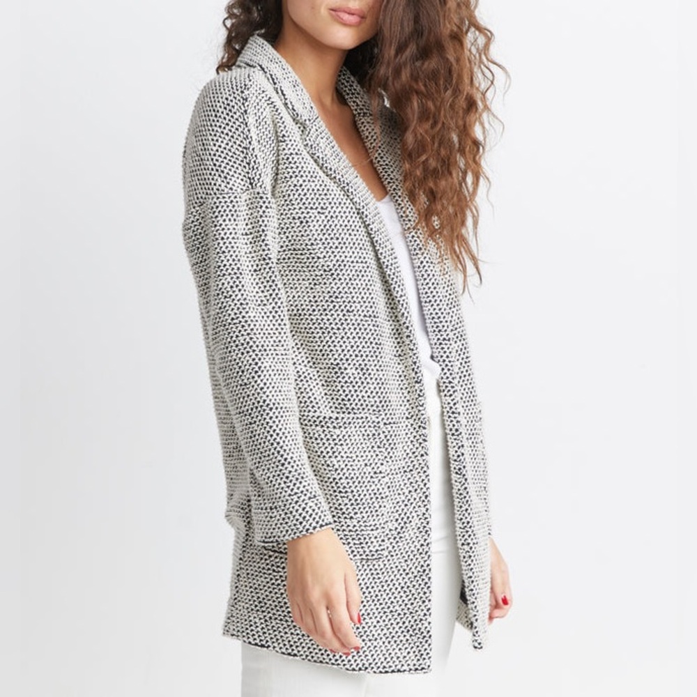 Marine Layer Birdseye Open Cardigan Blazer Black White Sweater Heavy Duty - FLAW